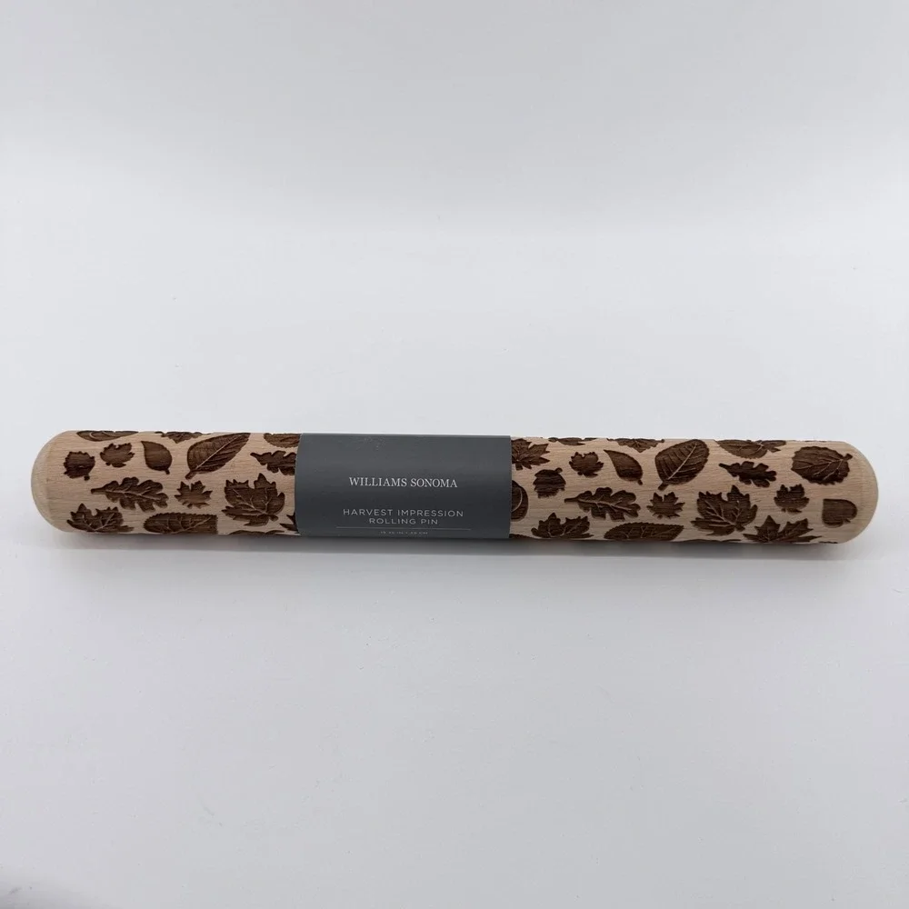 Williams Sonoma Rolling Pin Harvest Impression Wood Brown Leaf Pattern 15.25in